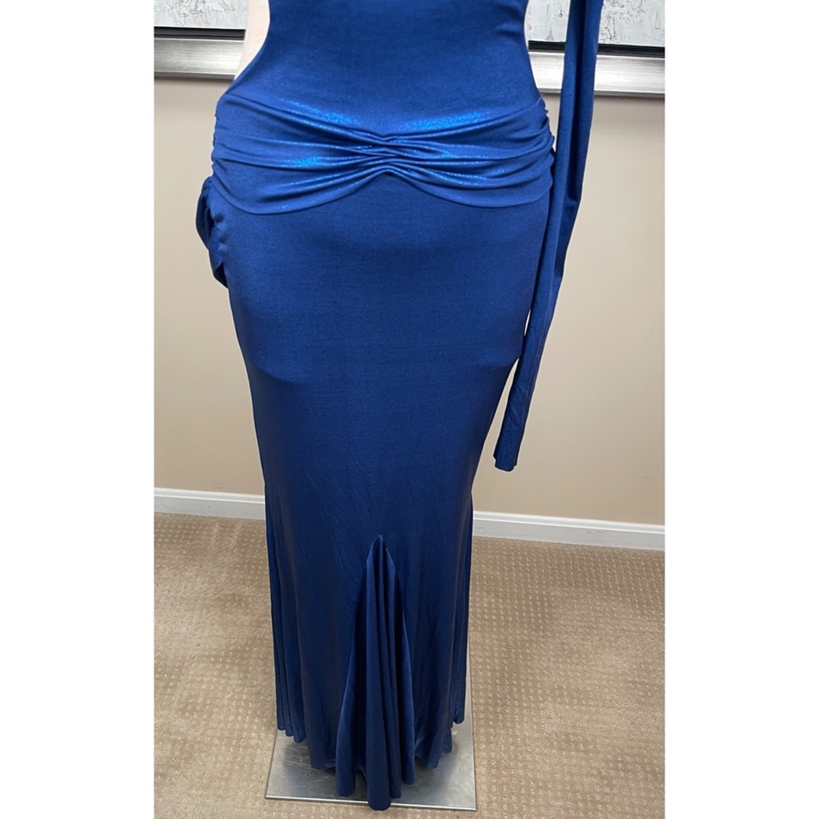 Di Petsa Moonlight Off The Shoulder Ruched Cutout Metallic Blue Maxi Dress Sz M — image 4 of 8